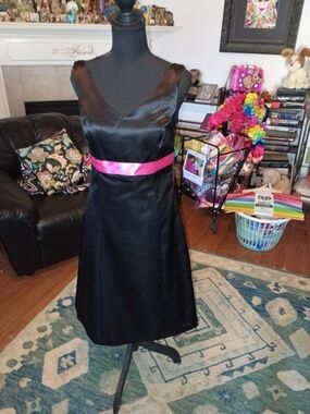 K Petite Little Black Satin Dress with Pink Waistband